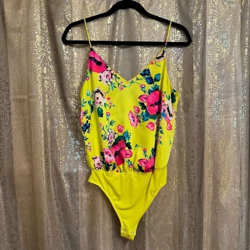 Express Bright Yellow Hot Pink Floral Summer Tank Top‎ Bodysuit Small